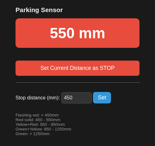 The same page as the car closes in: 550 mm from the wall and nearly at the stop point, so the reading turns red