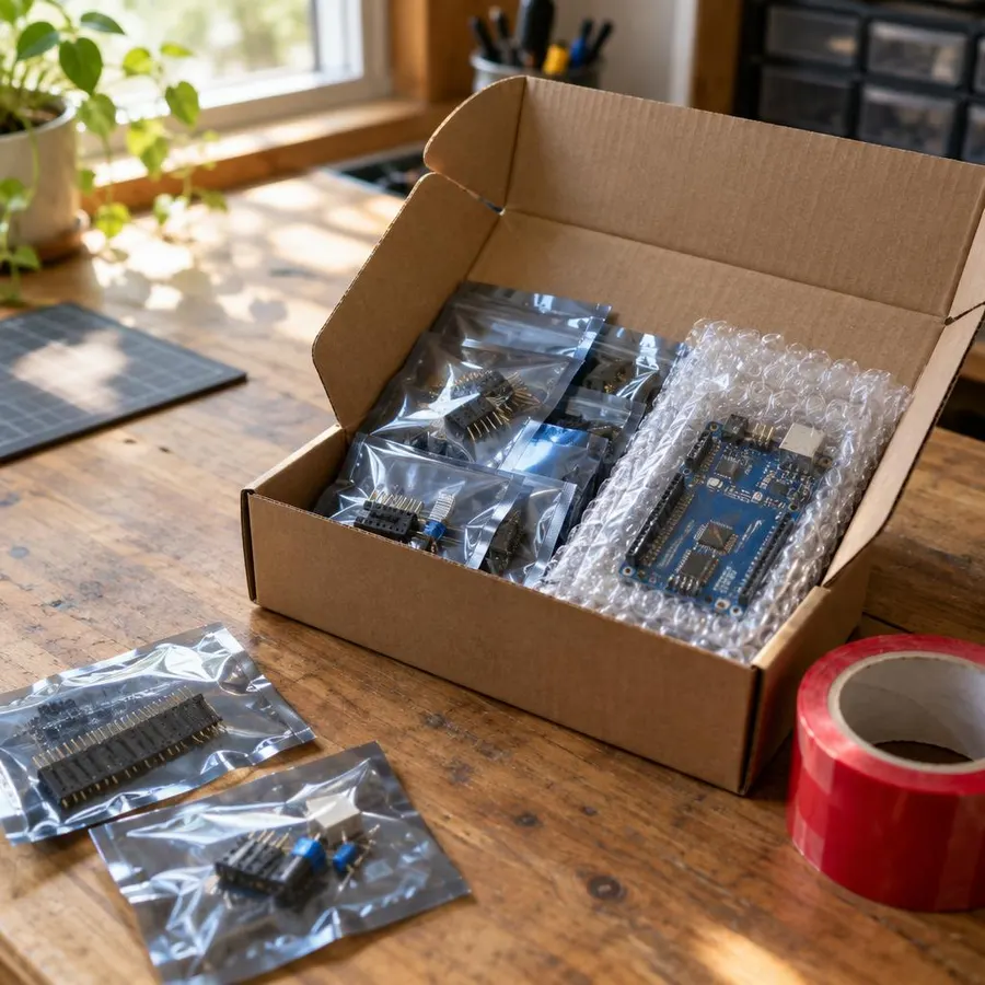 An order being packed: components in anti-static bags and an Arduino board in bubble wrap